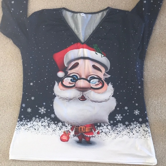 Christmas Casual Women’s Top. Everyday Easy Care Dark Blue background Santa - Picture 4 of 4